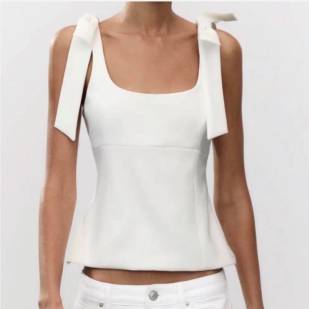 Zara White Tie-Shoulder Square Neck Tank
